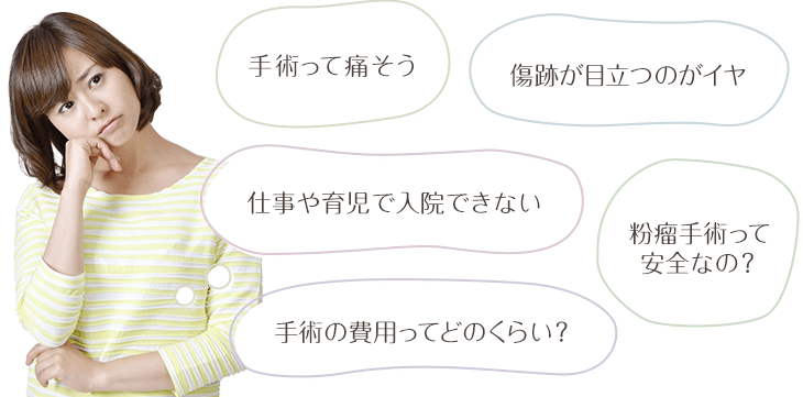 粉瘤手術に関するお悩み 手術って痛そう 傷跡が目立つのがイヤ 仕事や育児で入院できない 粉瘤手術って安全なの？ 手術の費用ってどのくらい？